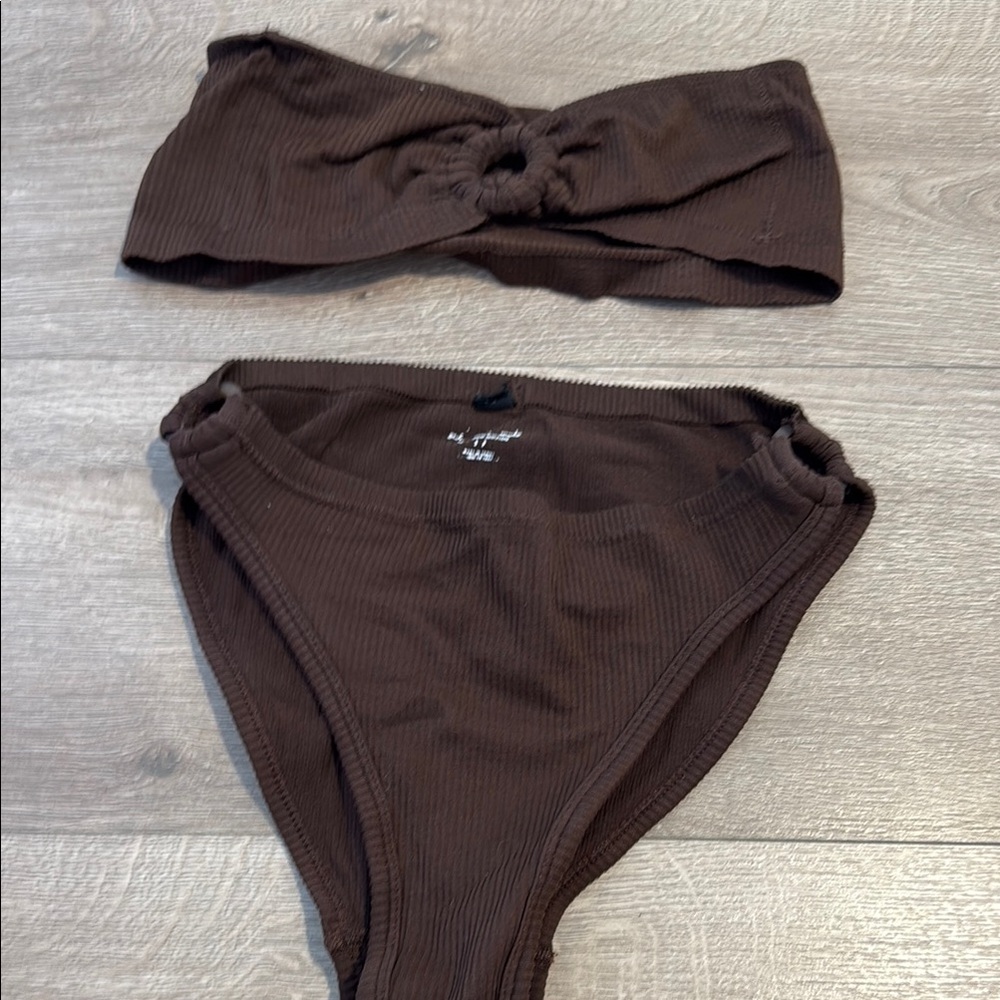 Brown Ribbed Bikini Set